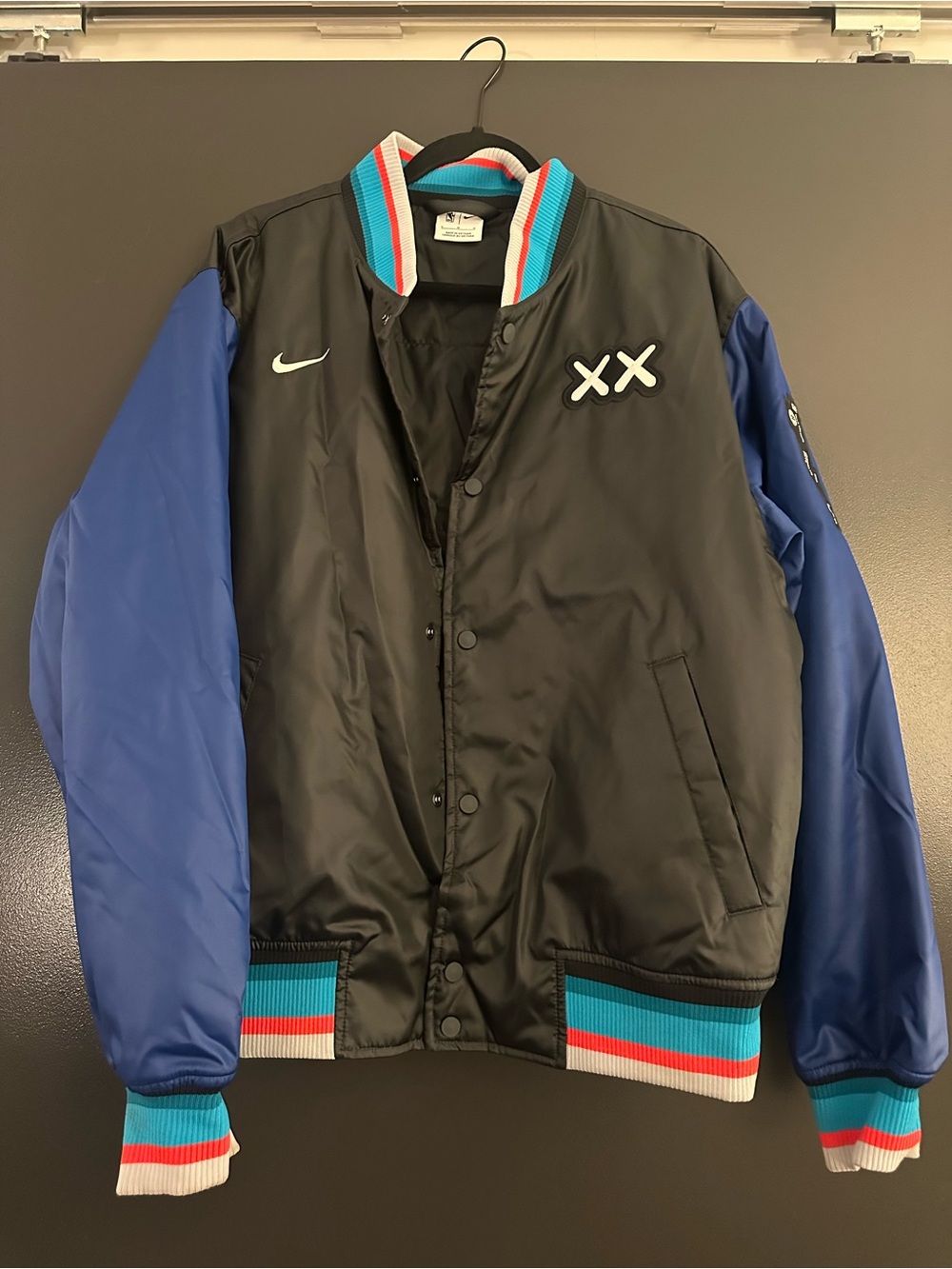 Nike Black & Blue Brooklyn Nets Varsity Bomber Jacket with Multicolor Trim